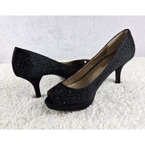 Embellished Black Evening Pump Sz 7.5 Adrienne Vittadini Open Toe 3" Heel Formal